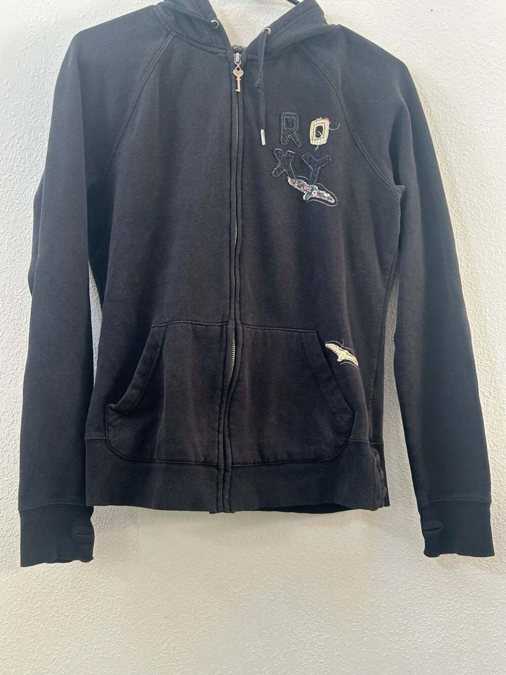 Y2K Roxy Full Zip Hoodie Black Applique Sweatshirt Girls size Large